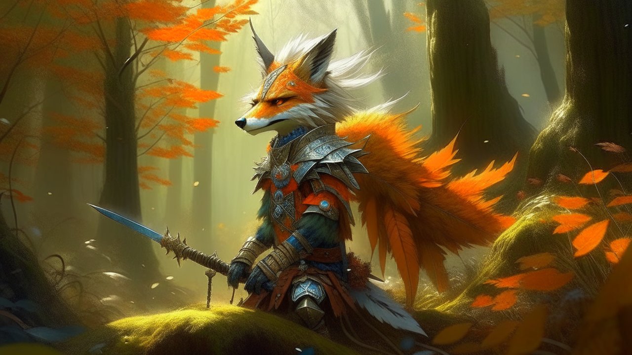 Steampunk Fox Warrior in Enchanted Autumn Forest