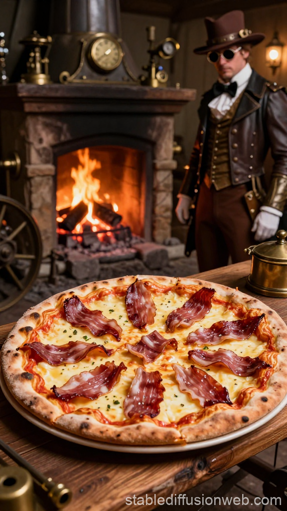 Steampunk Gentleman with Bacon Pizza by Fireplace