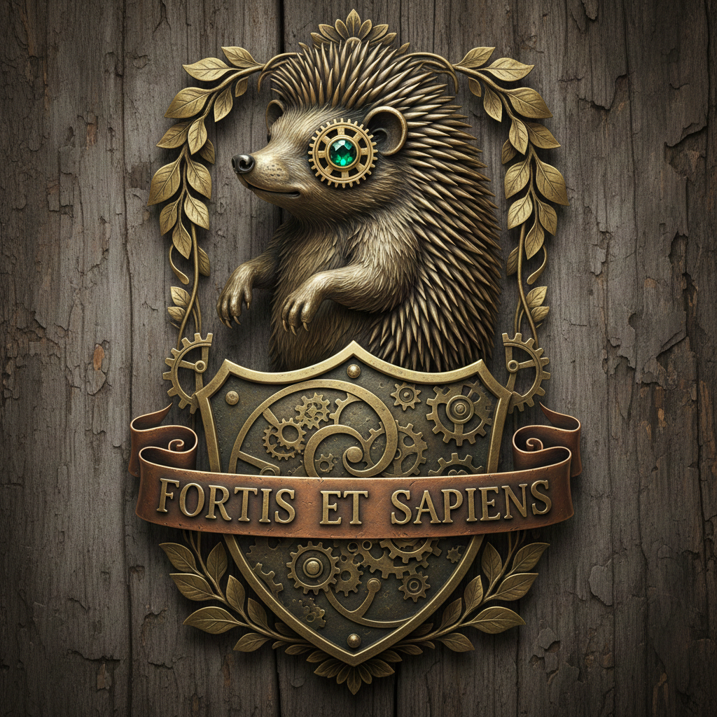 Steampunk Hedgehog Family Crest with Latin Motto