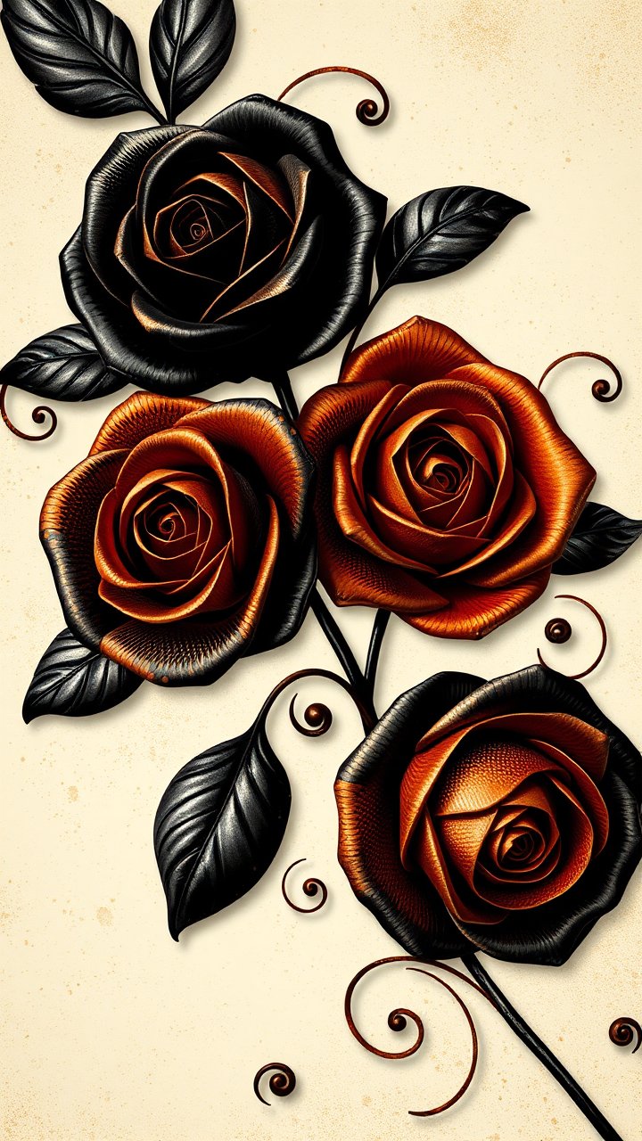Steampunk Inspired Black and Copper Roses with Shiny Leaves