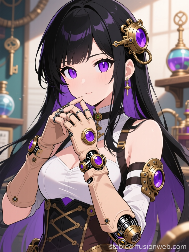 Steampunk Inventor with Purple Accents in Anime Style
