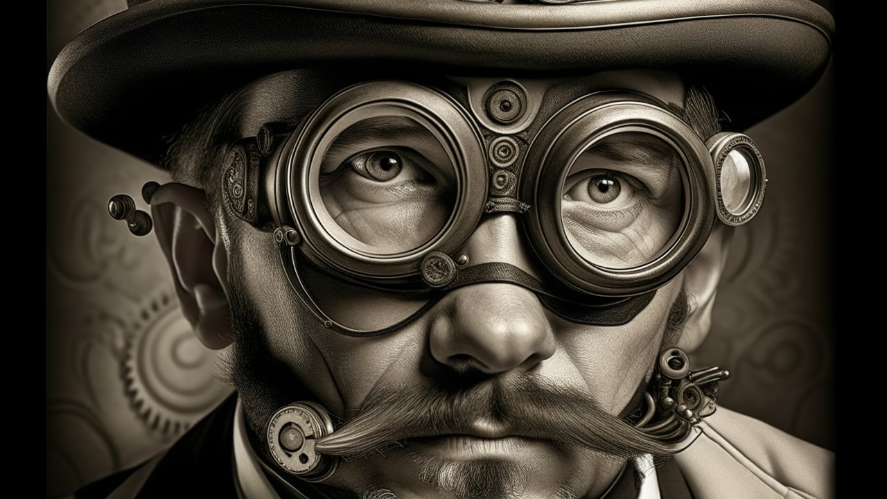 Steampunk Man with Mechanical Goggles and Mustache