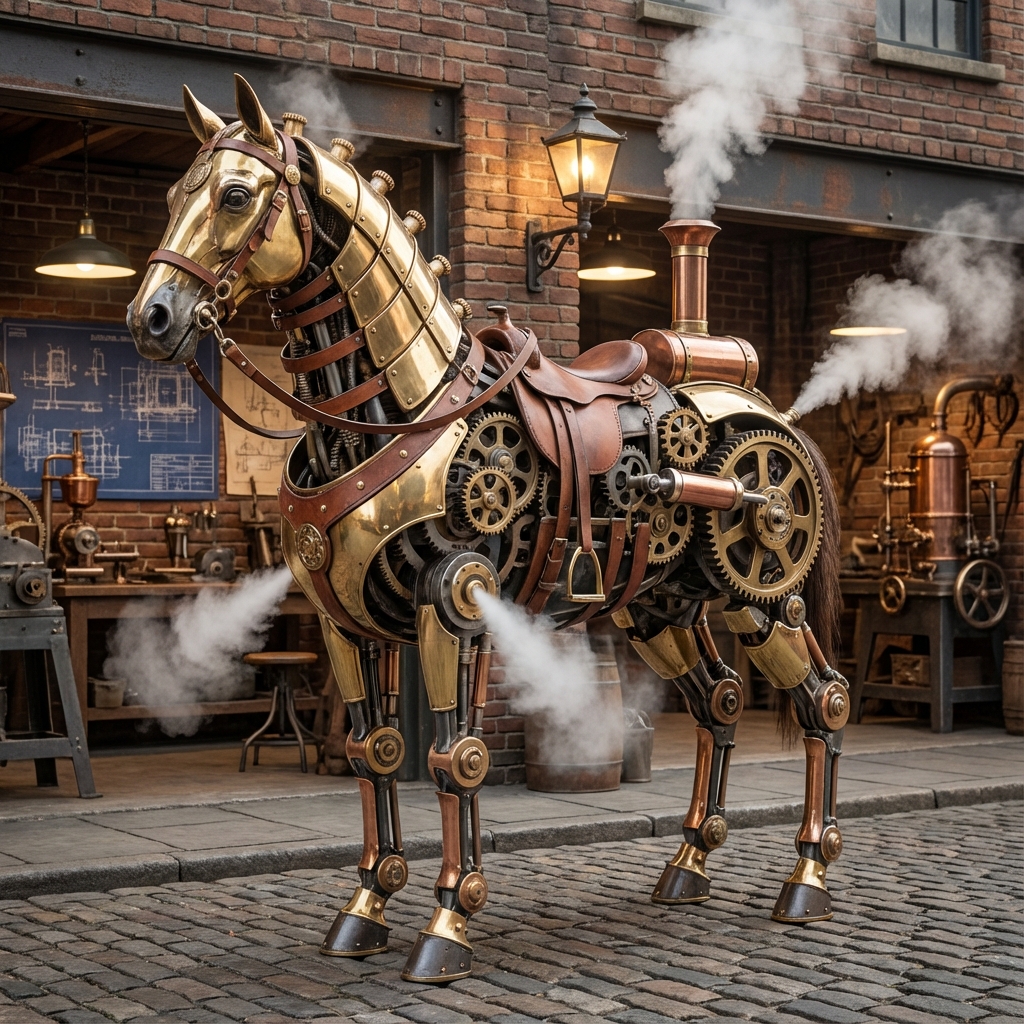 Steampunk Mechanical Horse Emitting Steam in Workshop