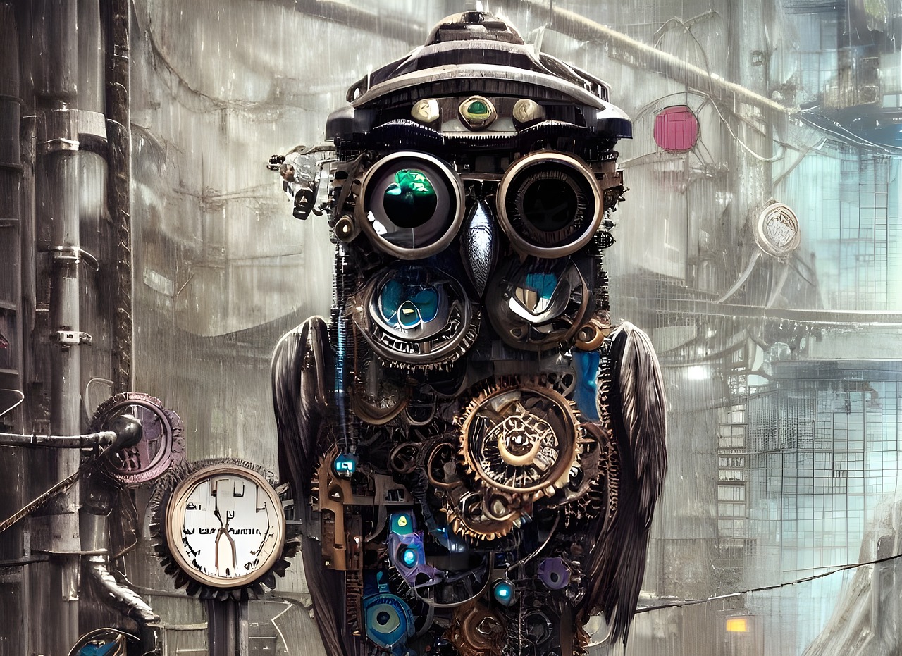 Steampunk Owl Construct in Industrial Setting