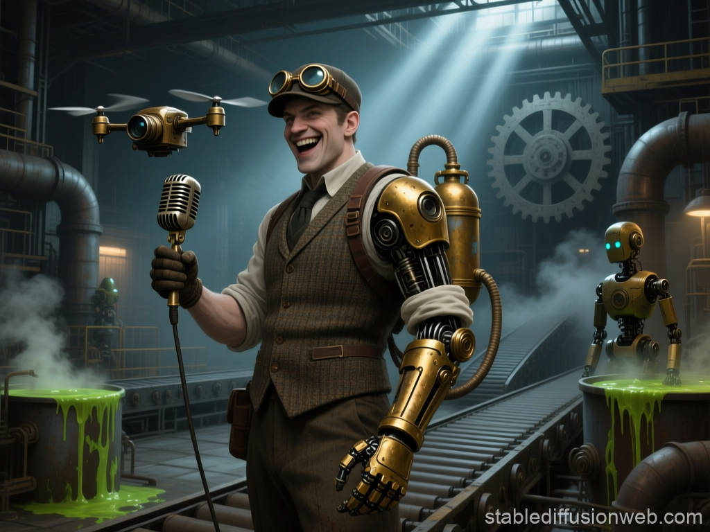 Steampunk Reporter with Mechanical Arm and Drone in Industrial Factory