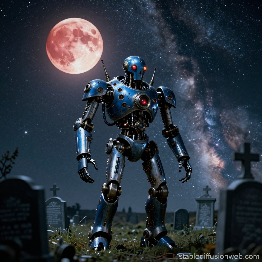 Steampunk Robot Under a Blood Moon in a Graveyard