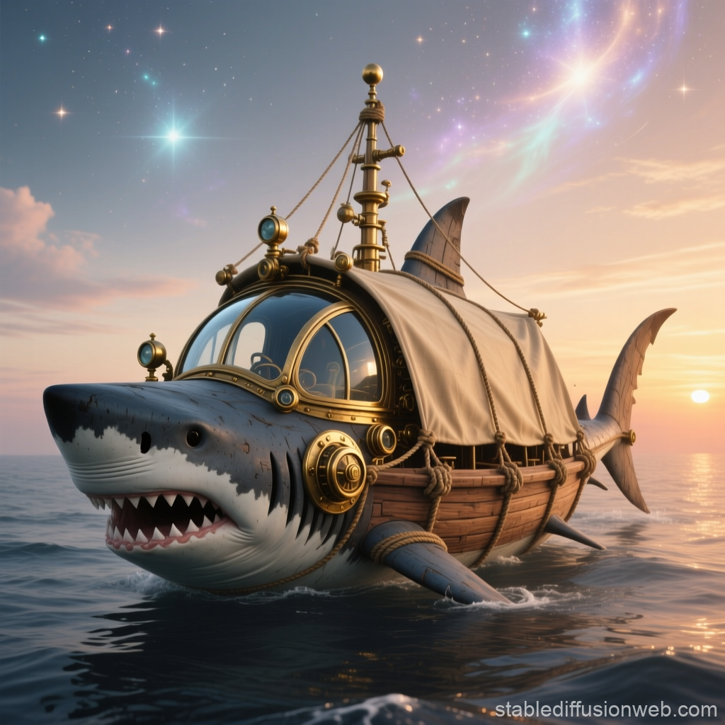 Steampunk Shark Submarine Sailing at Sunset