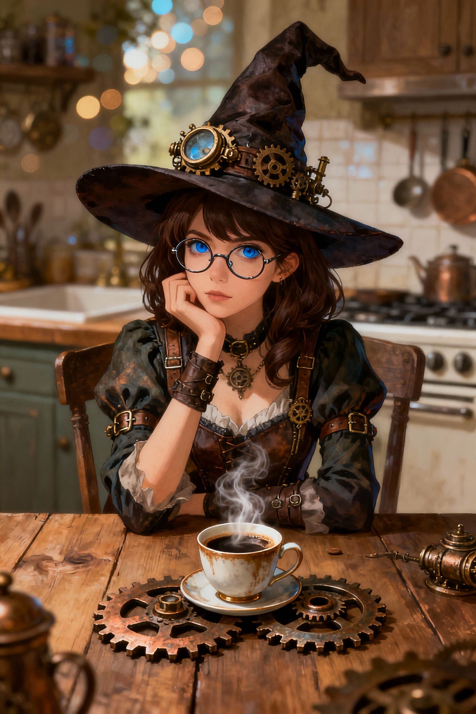 Steampunk Witch with Blue Eyes Enjoying Coffee