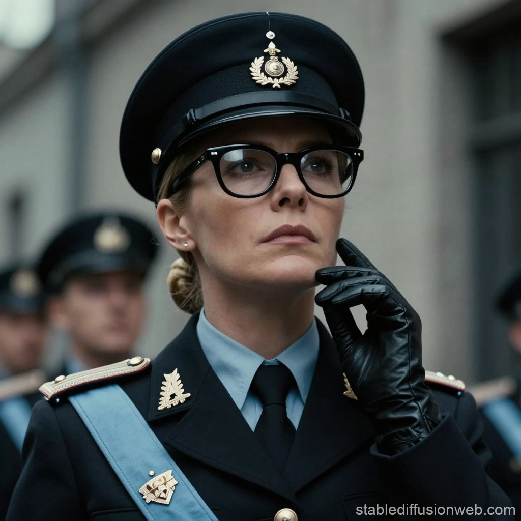 Stern Female Officer in Formal Uniform with Black Gloves