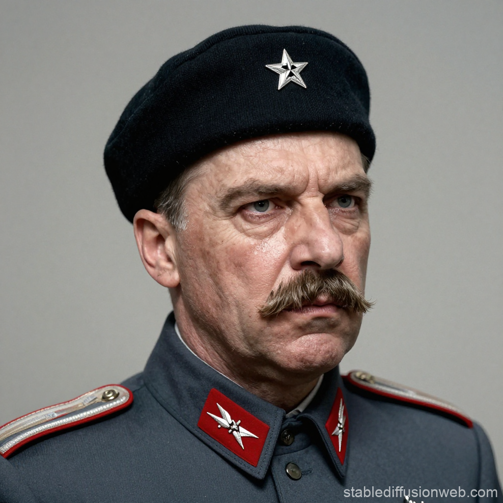 Stern Military Officer in Vintage Uniform with Beret
