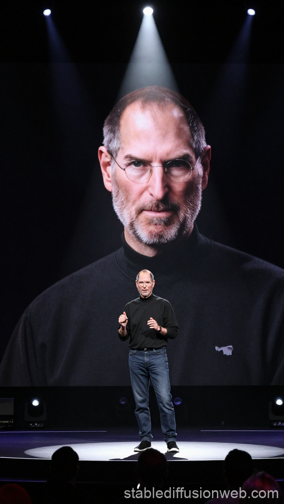 Steve Jobs Presenting on Stage with Large Portrait Background