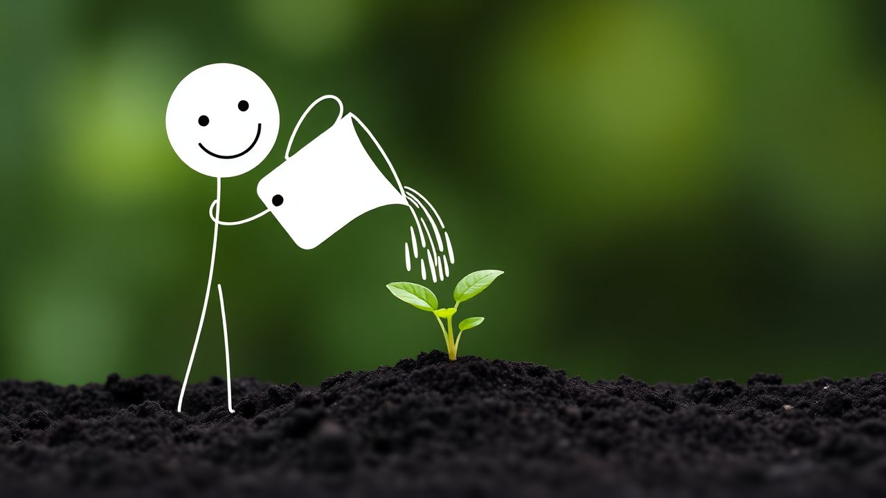 Stick Figure Watering a Young Plant in Soil