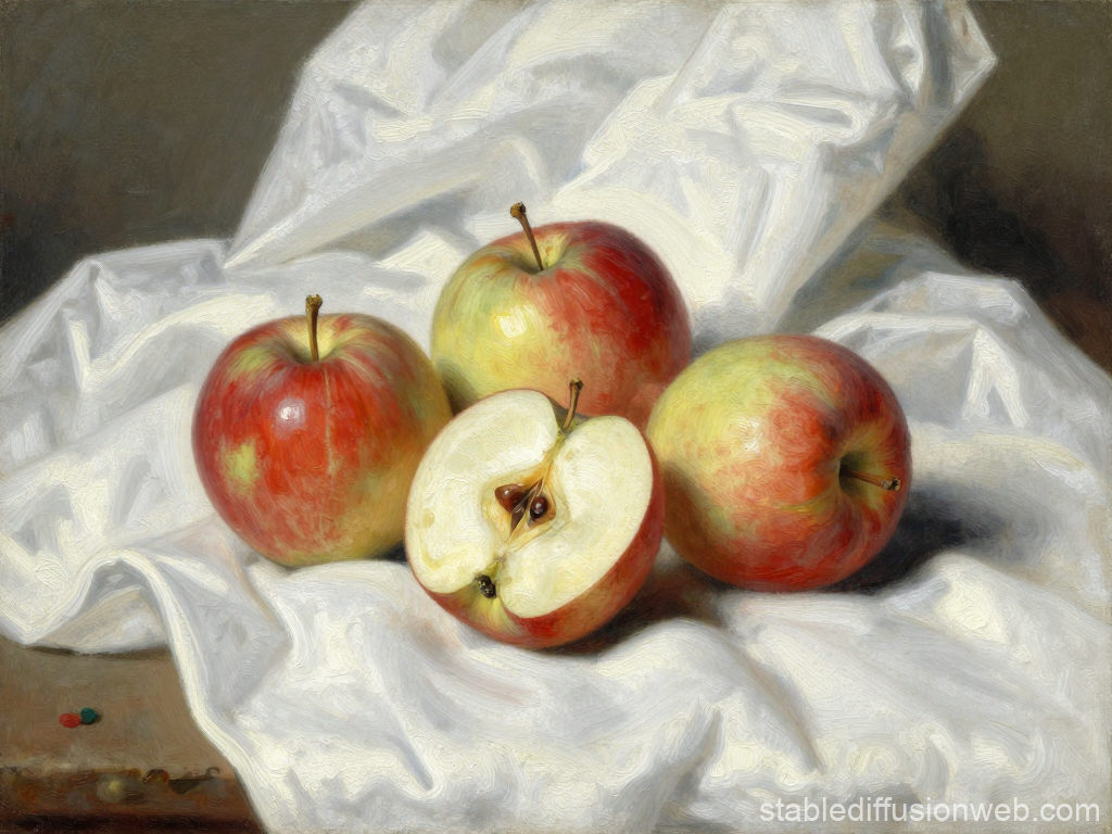 Still Life Painting of Apples on White Cloth