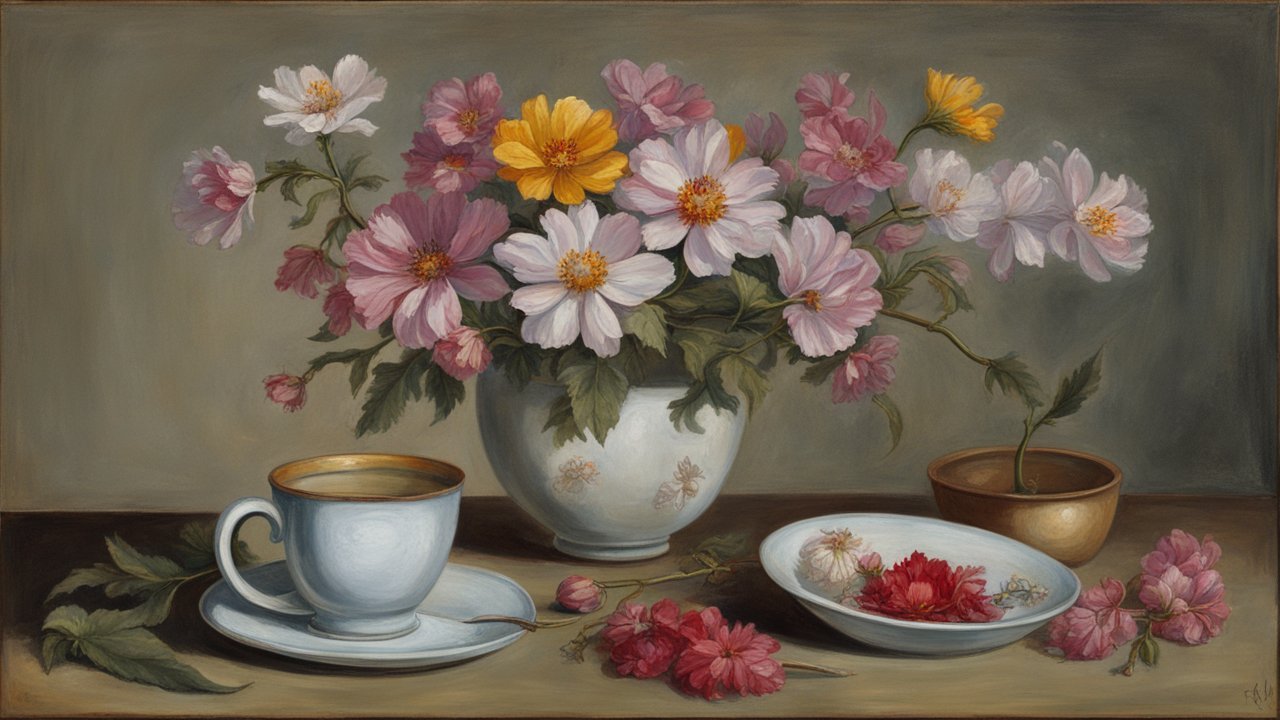 Still Life Painting of Flowers with Tea Cup