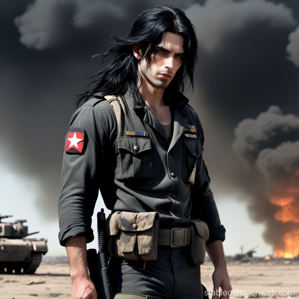 Stoic Soldier in Warzone with Explosions and Tanks