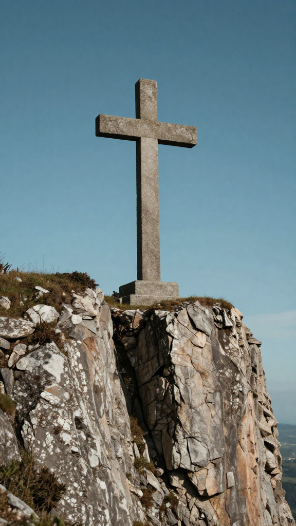Stone Cross on Rocky Cliff Under Clear Sky