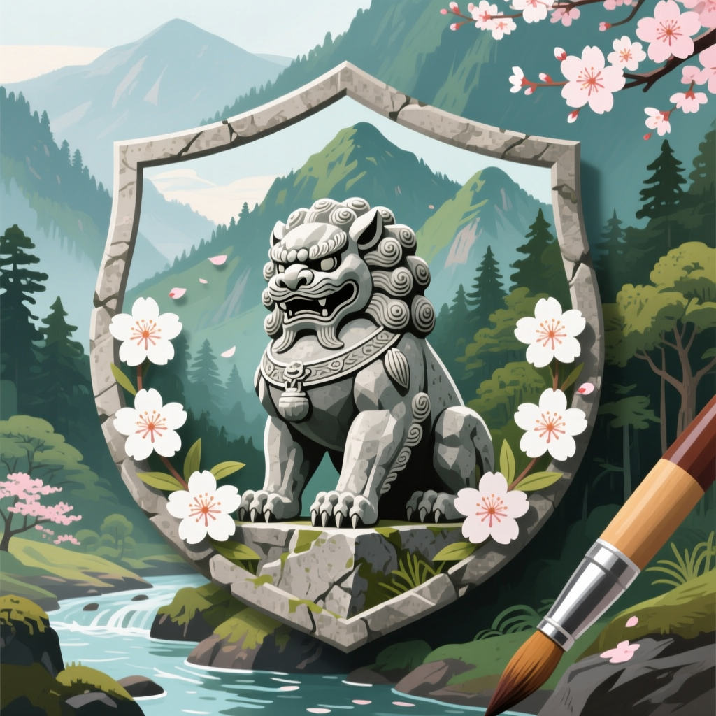 Stone Guardian Lion in Serene Mountain Landscape
