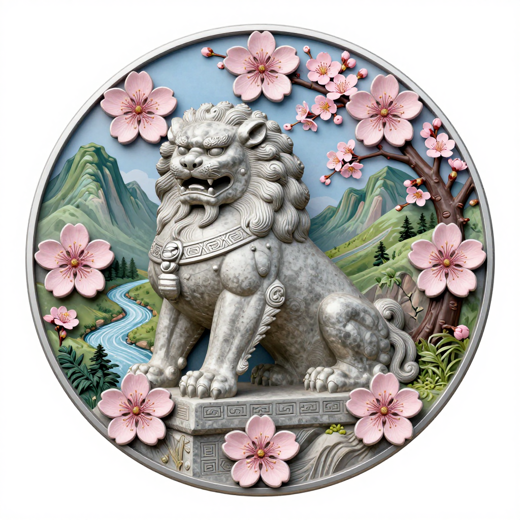 Stone Guardian Lion with Cherry Blossoms and Mountain Landscape
