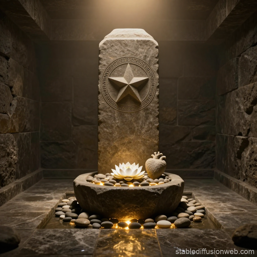 Stone Sanctuary with Radiant Lotus and Heart Sculpture