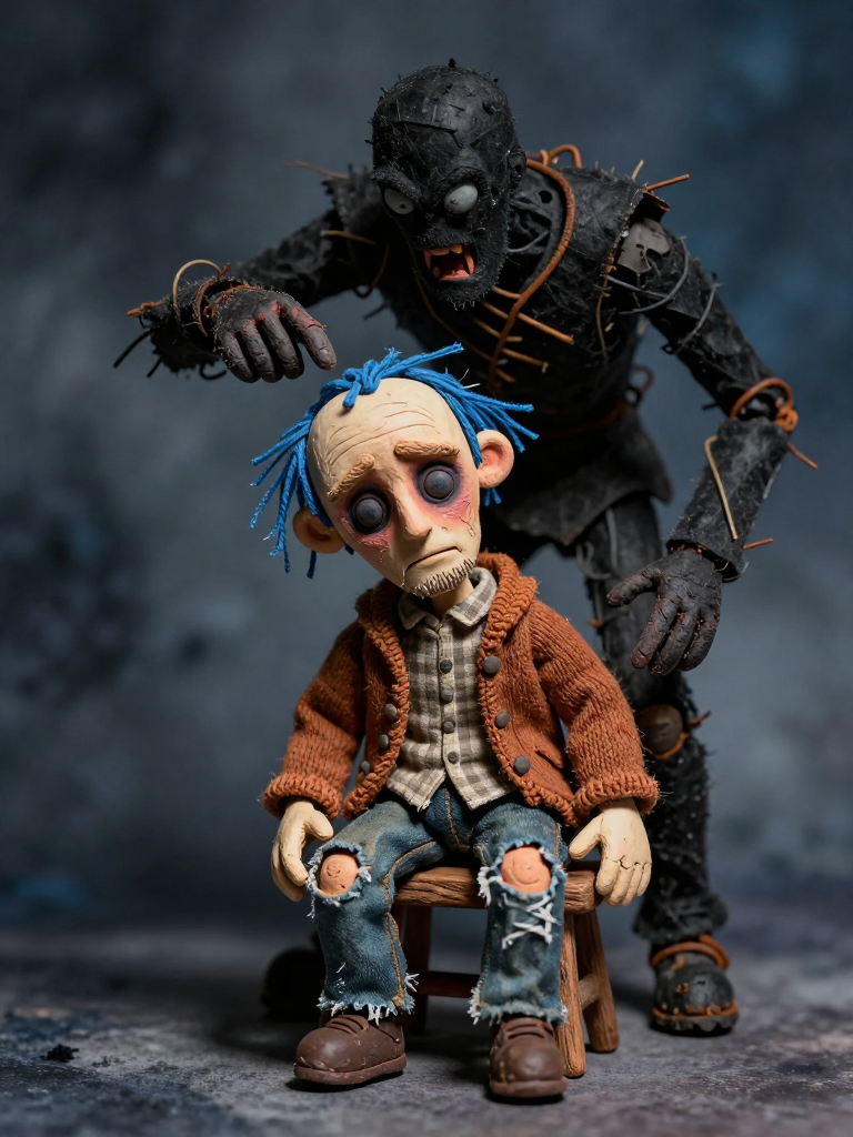 Stop Motion Puppet Scene with Distressed Character and Dark Figure