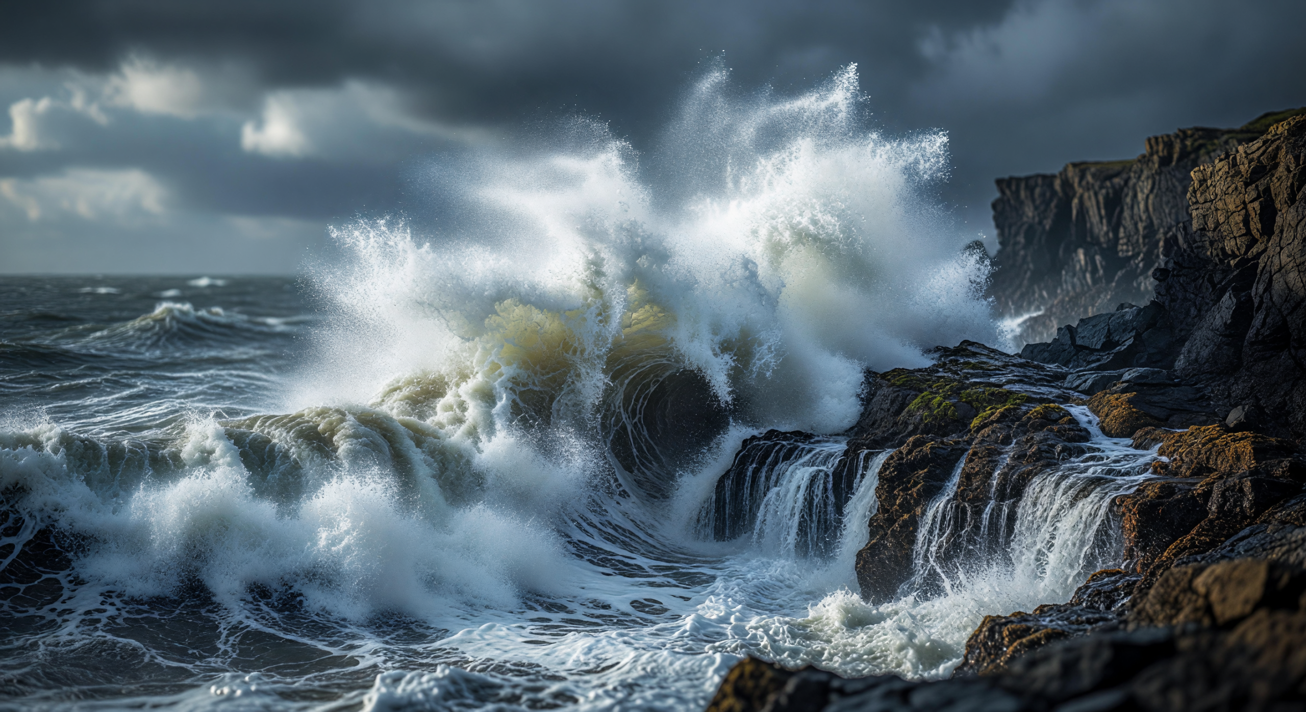 Storm Fury: Massive Waves Crashing Against Rocky Cliffs