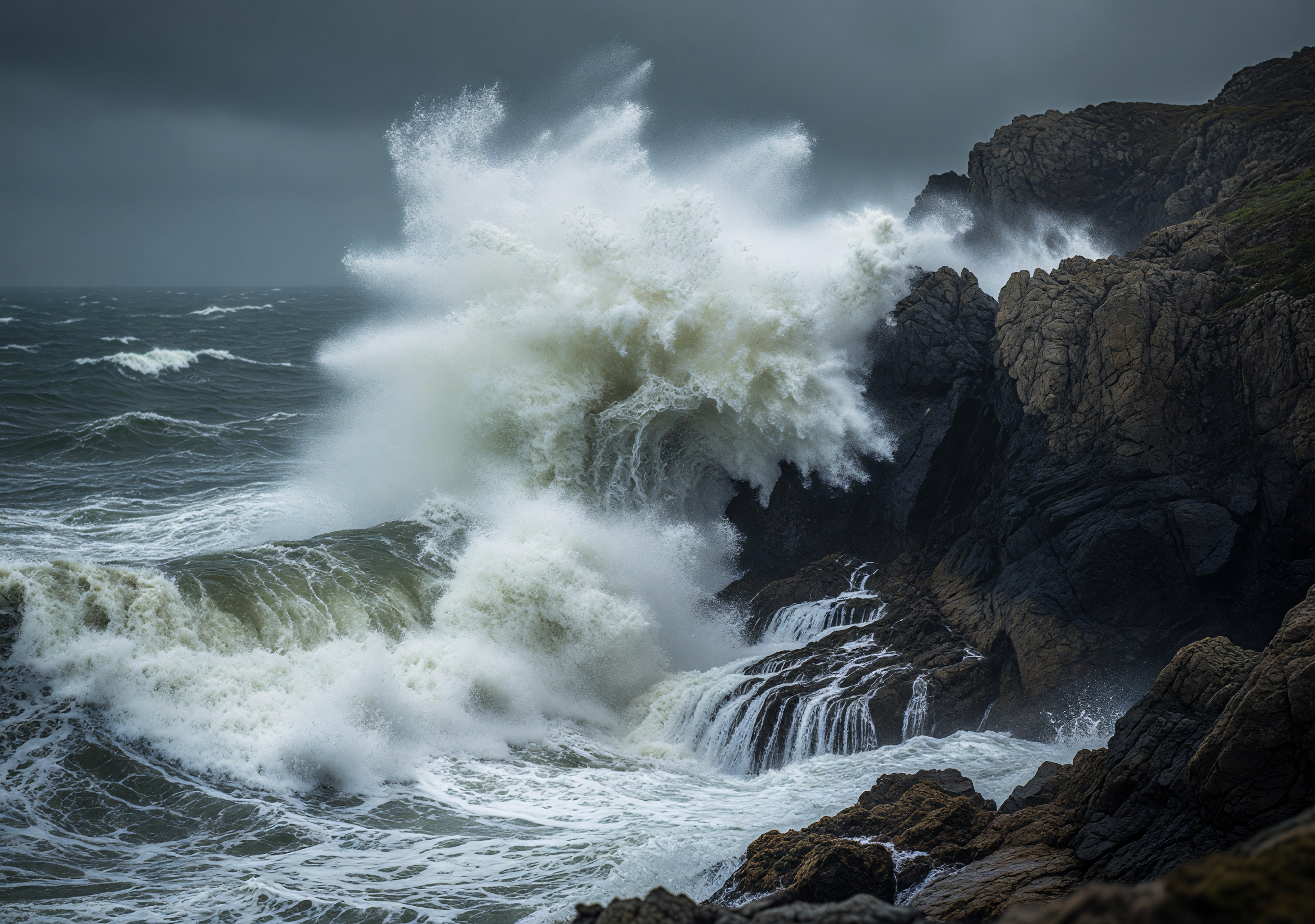 Storm Wave Crashing Against Rocky Cliffs