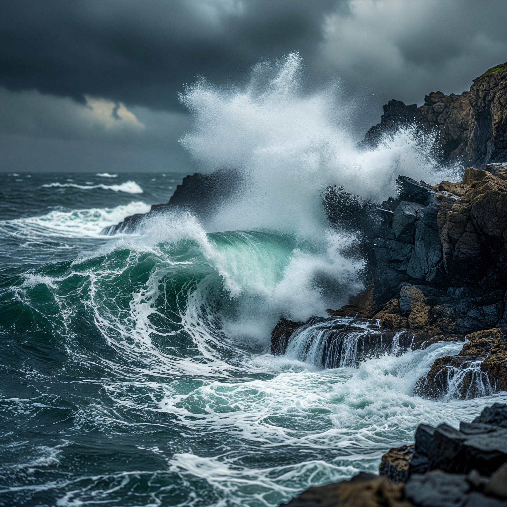 Storm Waves Crashing Against Rocky Cliff