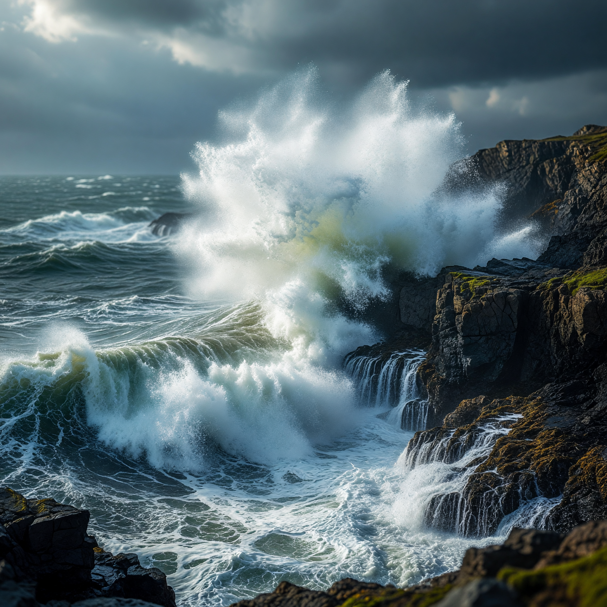 Storm Waves Crashing Against Rocky Cliffs