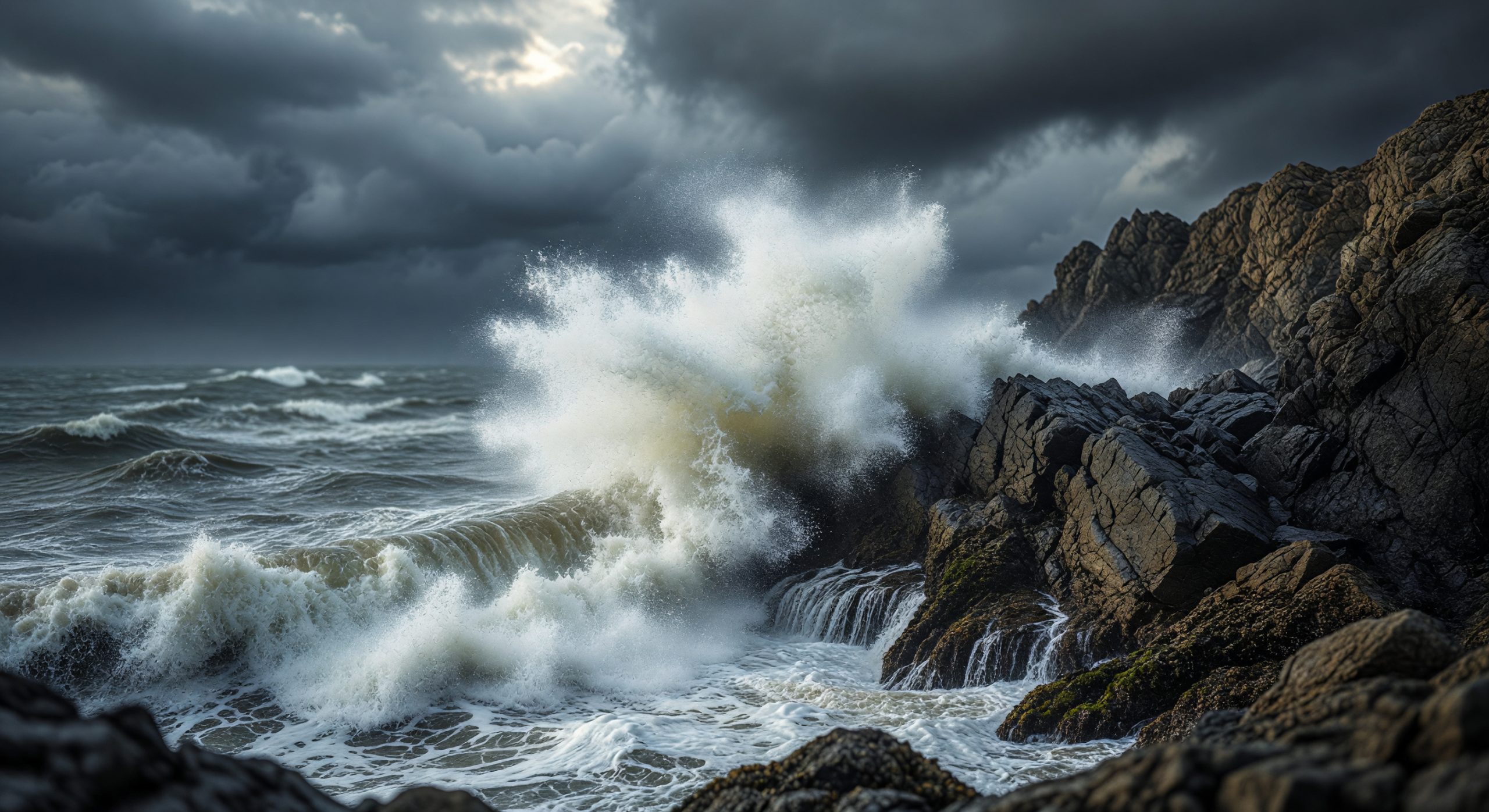 Storm Waves Crashing Against Rocky Cliffs
