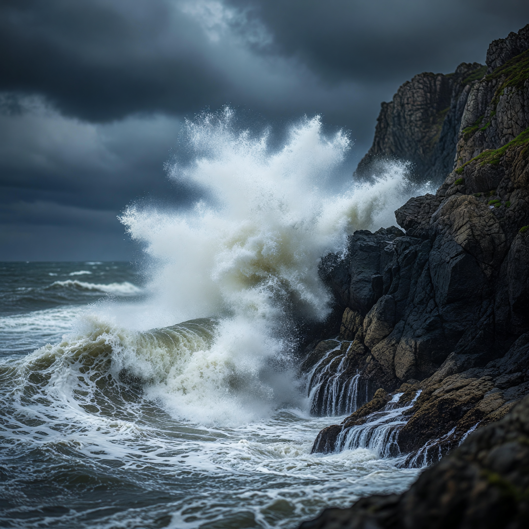 Storm Waves Crashing on Jagged Cliffs