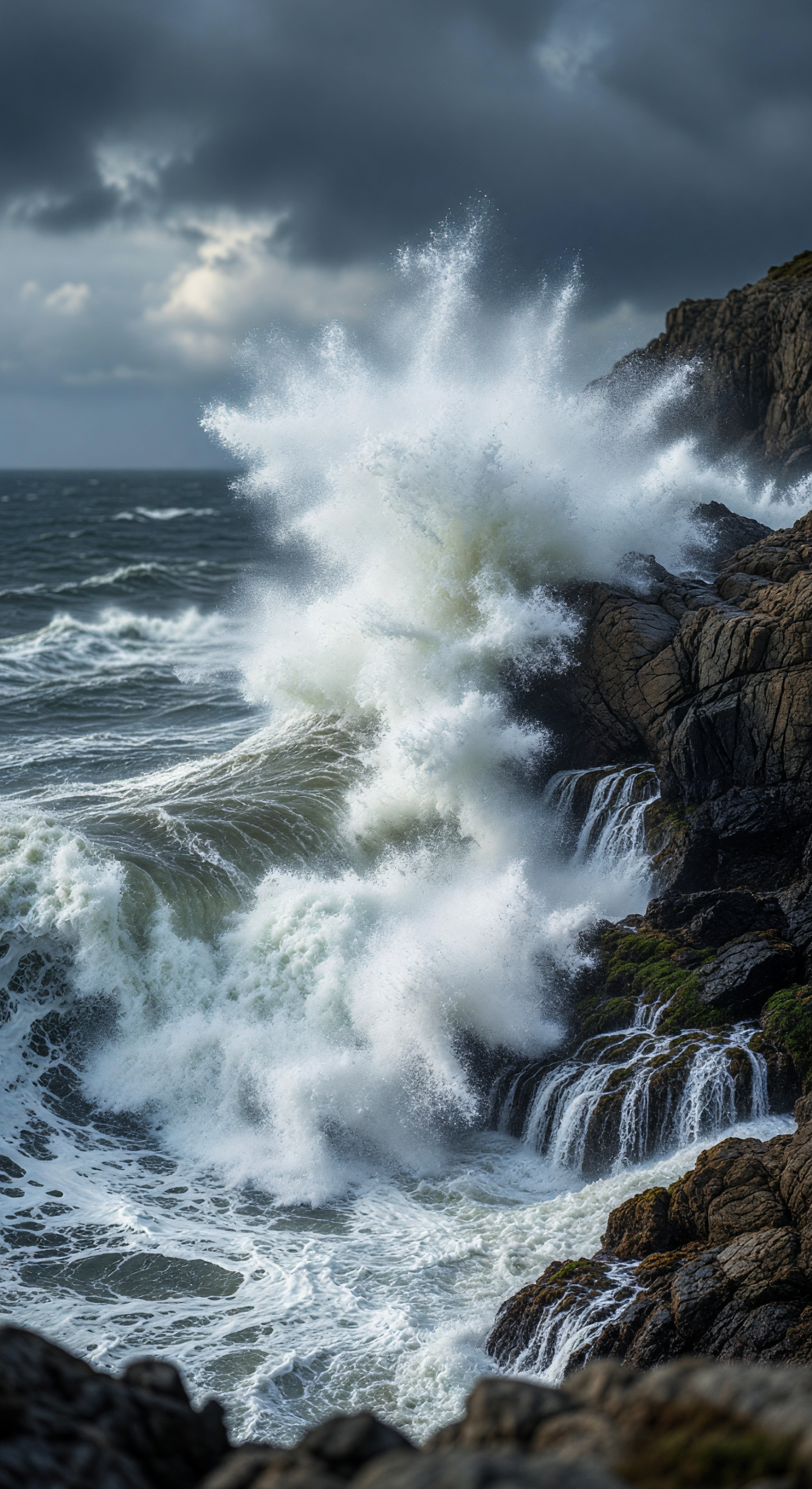 Storm Waves Crashing on Rocky Cliffs