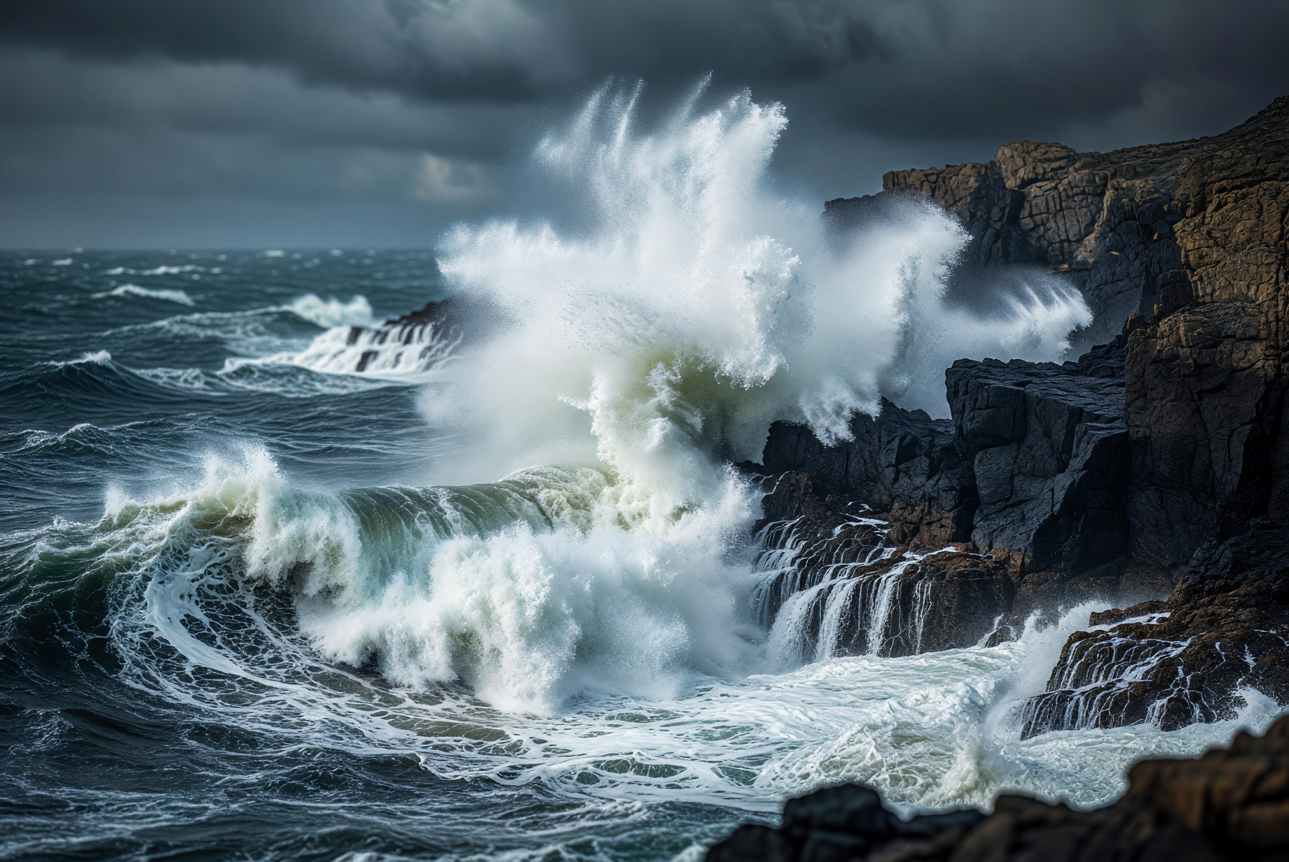 Storm Waves Crashing on Rugged Coastal Cliffs