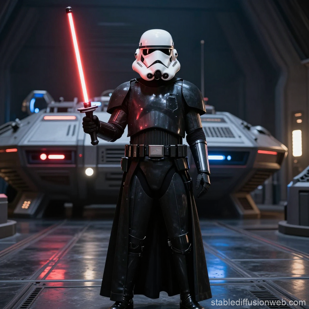 Stormtrooper Holding Red Lightsaber in Sci-Fi Hangar