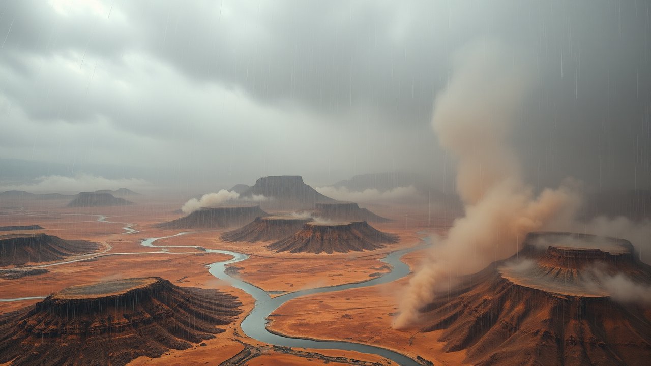 Stormy Desert Landscape with Dust Storm and Meandering River