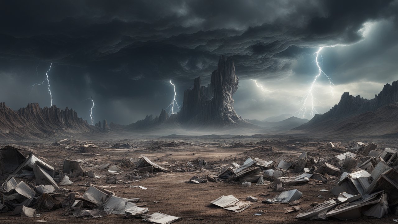 Stormy Lightning Over Rocky Desert Landscape