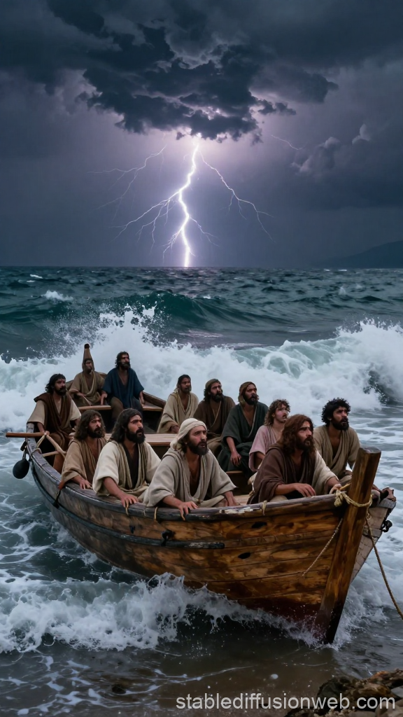 Stormy Night at Sea with Men in Wooden Boat