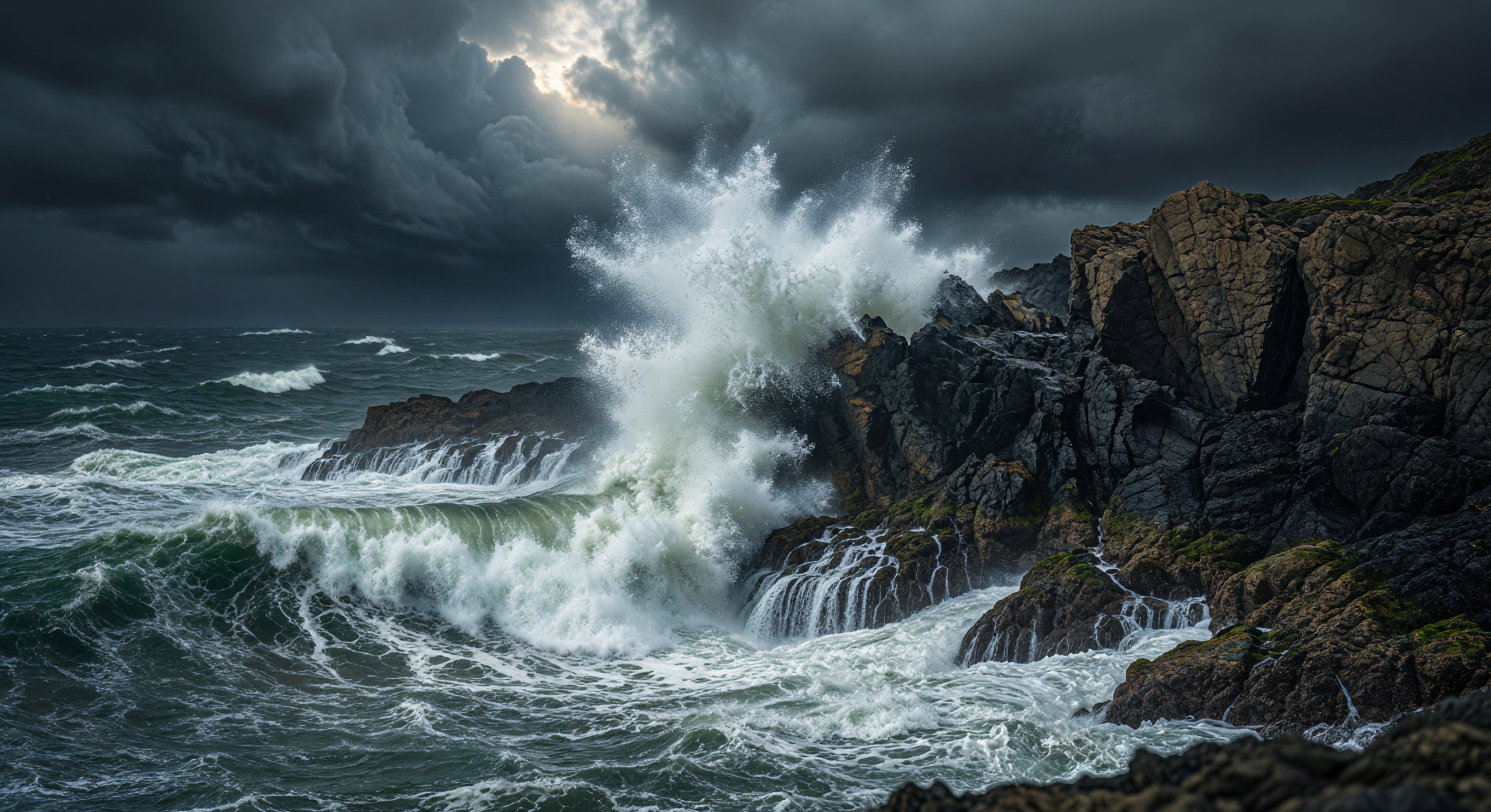 Stormy Sea Waves Crashing Against Rocky Cliffs