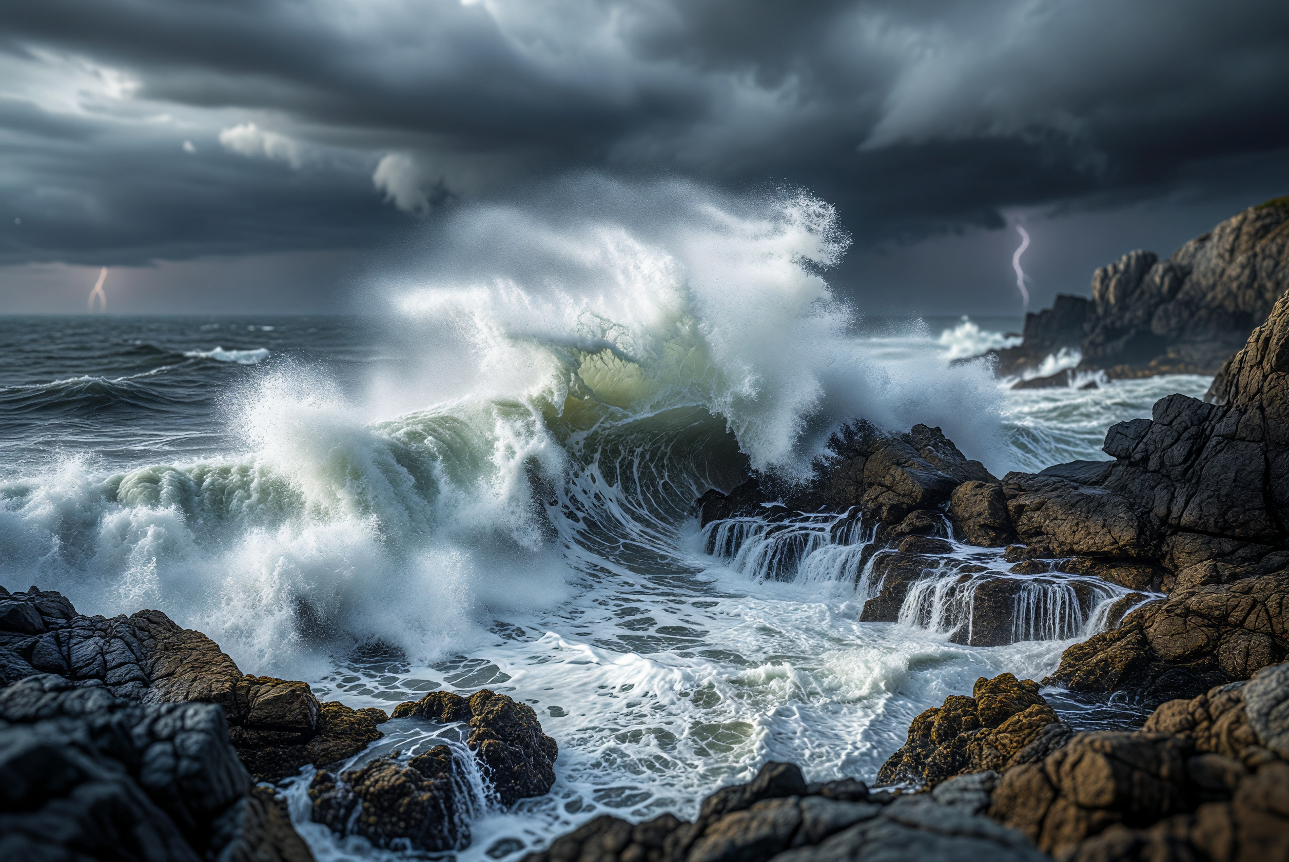 Stormy Sea Waves Crashing on Rocky Cliffs with Lightning