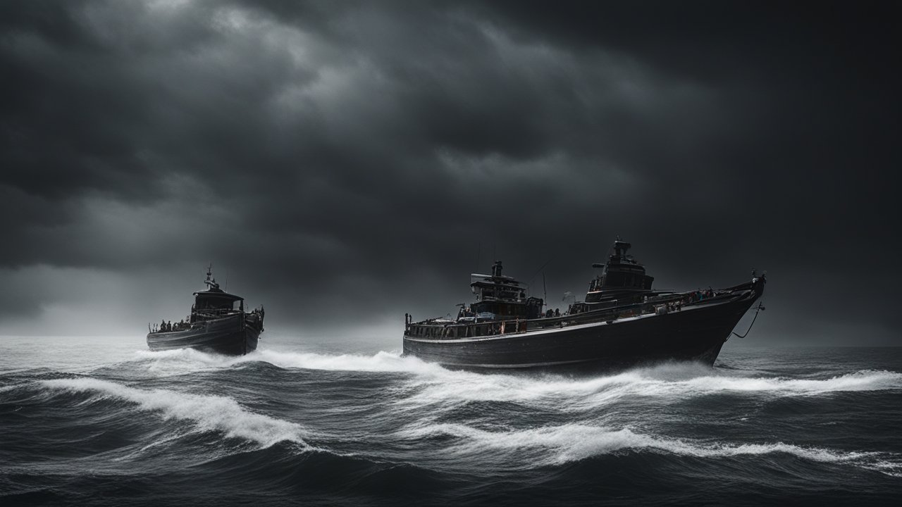 Stormy Sea with Two Ships in Low Angle View
