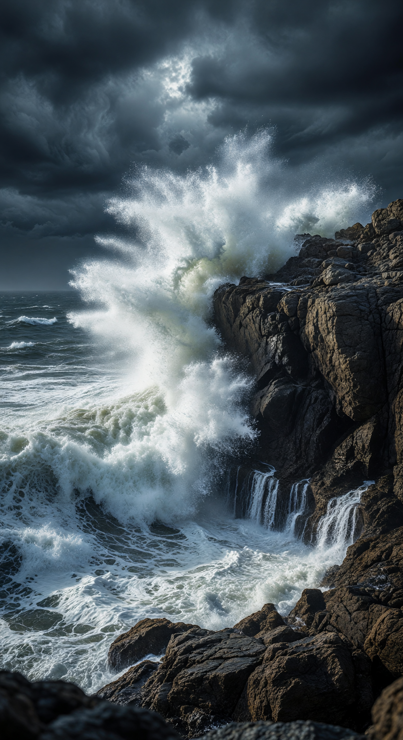Stormy Waves Crashing Against Rocky Cliffs