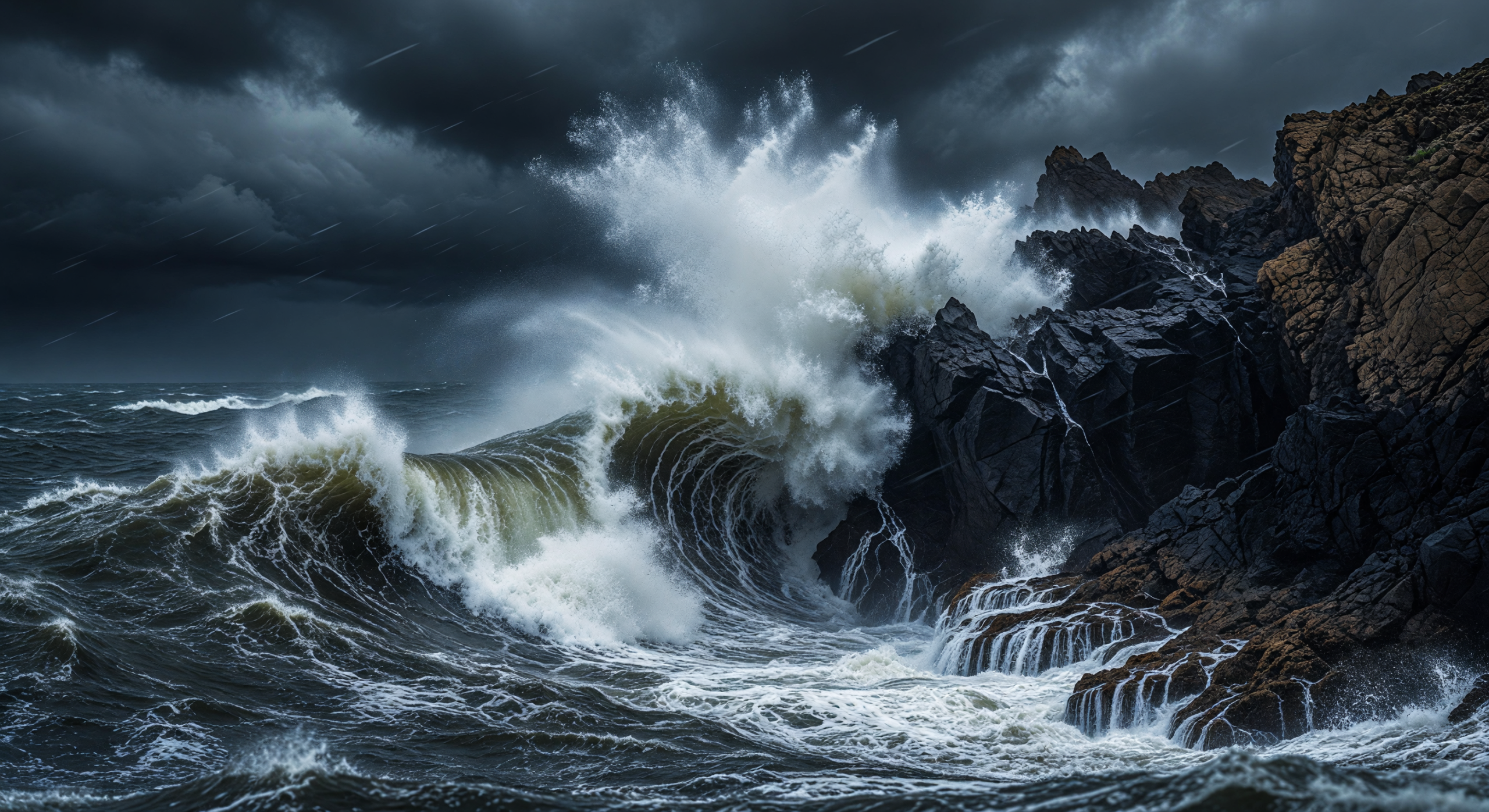 Stormy Waves Crashing Against Rocky Cliffs