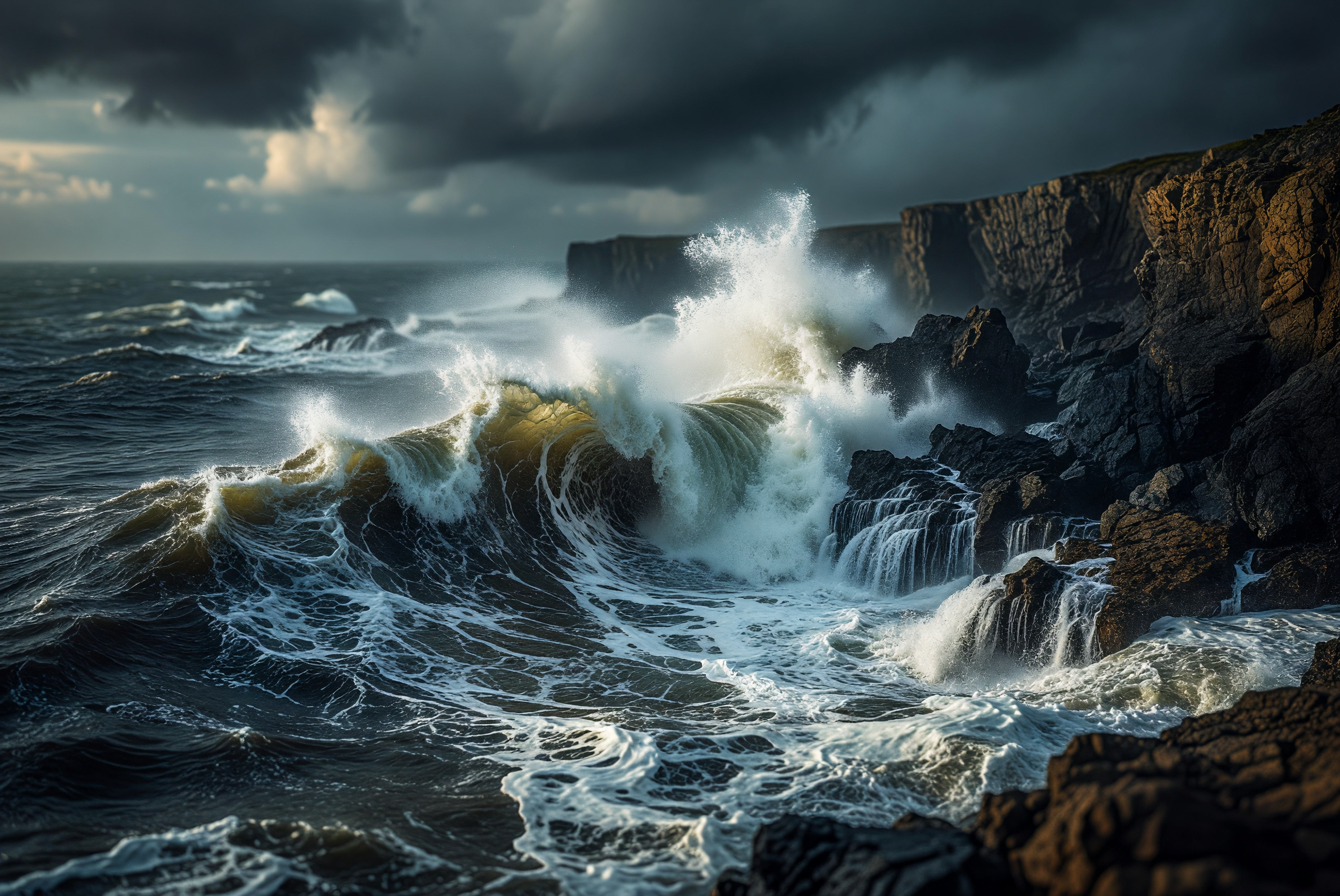 Stormy Waves Crashing on Rugged Cliffs