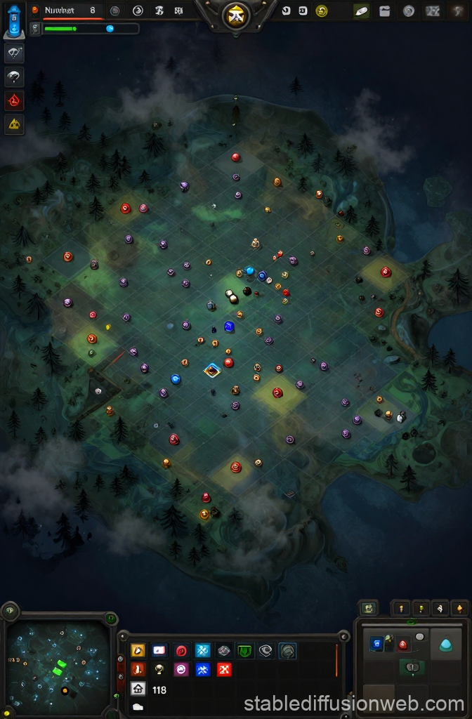 Strategic Game Map with Resource Nodes and Terrain Features