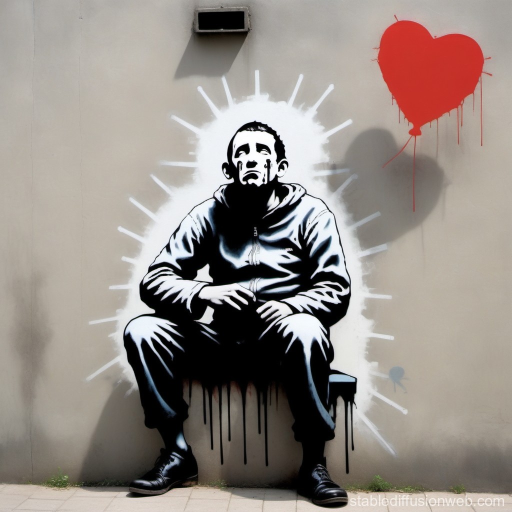 Street Art of a Sad Man with a Red Heart Balloon