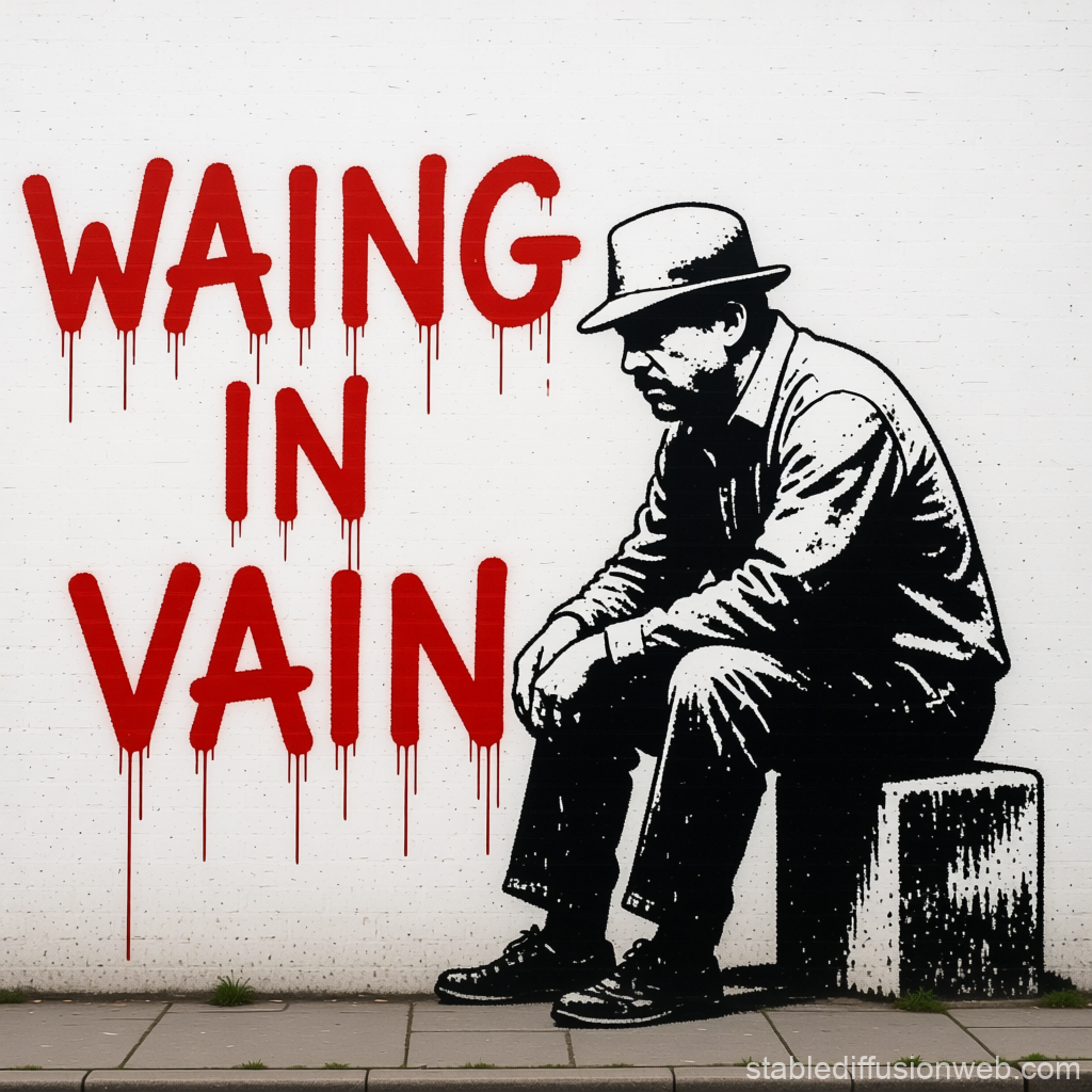 Street Art of Man Waiting with 'Waiting in Vain' Graffiti