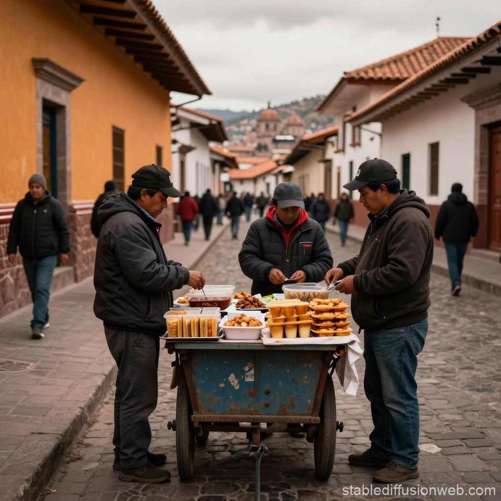 Street Food Sellers in Cusco on a Cobbled Street
