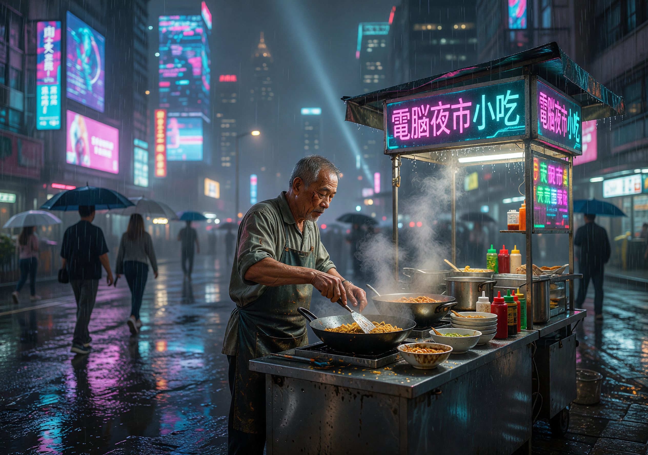 Street Vendor Cooking in Neon-Lit Rainy City