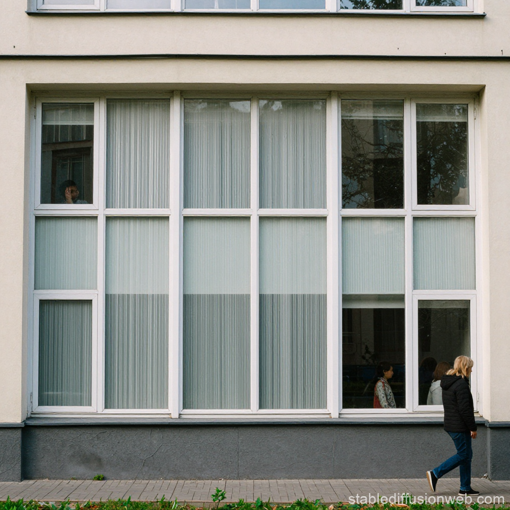 Street View of Modern Building with Large Windows and Pedestrian