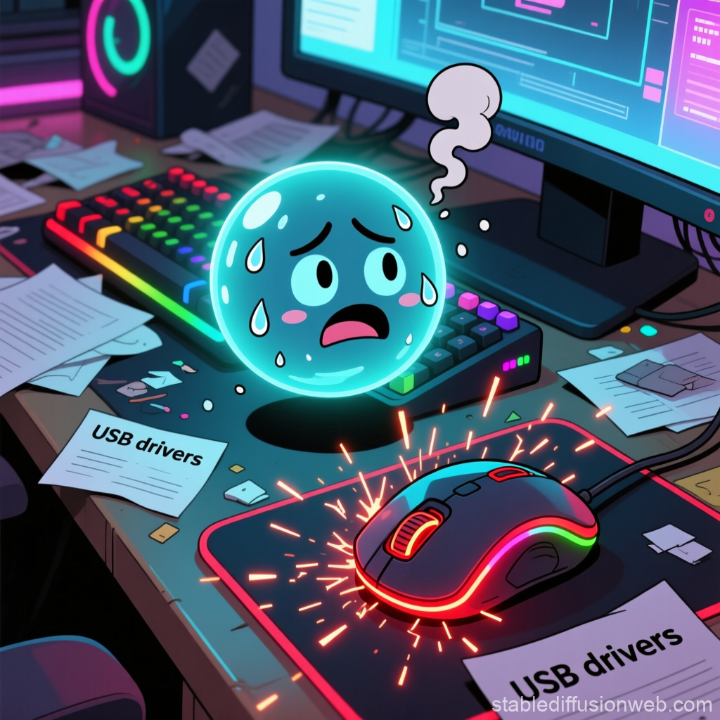 Stressed AI Orb Reacting to Malfunctioning USB Mouse