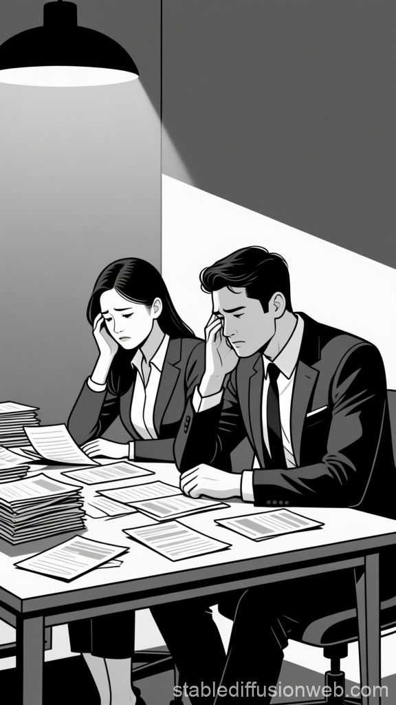 Stressed Business Couple Reviewing Bills in Office
